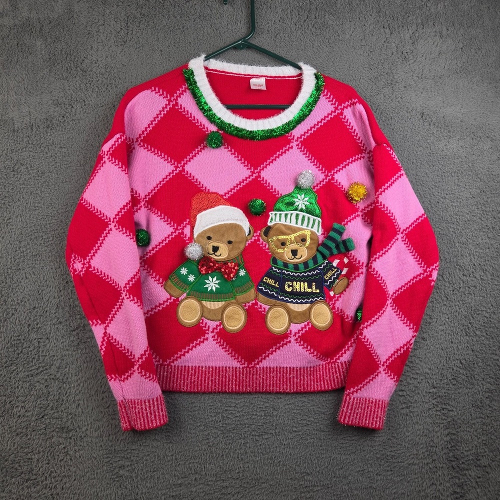 Christmas Sweater Women's Medium Red Pink Bears Embroidered Winter Holiday Time